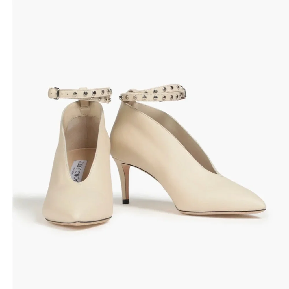 Jimmy Choo 8 Lark 65 Leather Pumps Deep V Ankle Strap Ivory Ecru Booties 38.5 - Picture 3 of 11